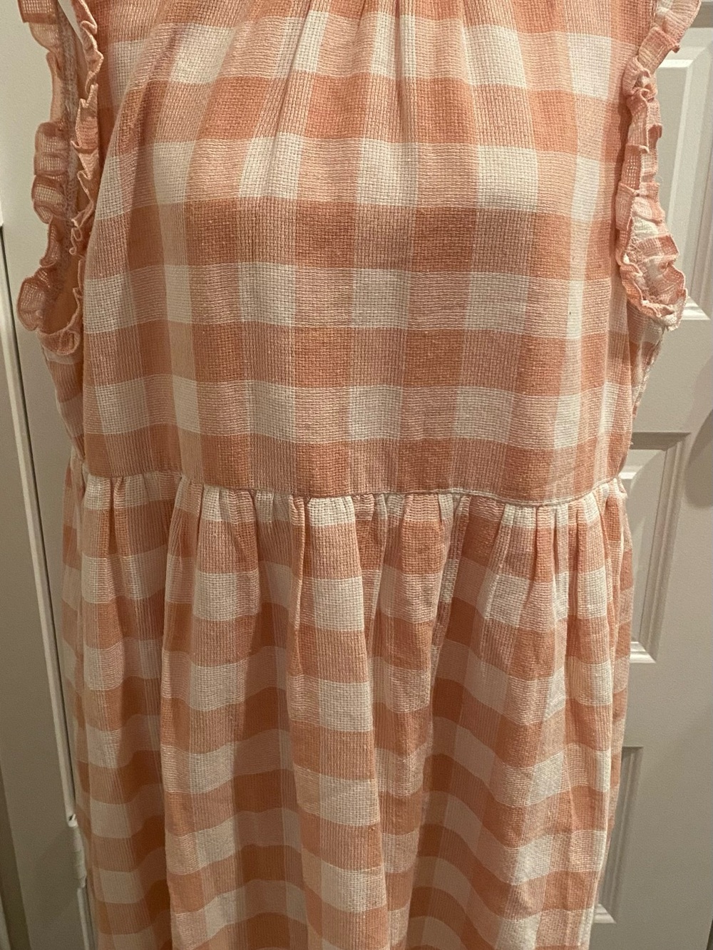 Suzanne Betro Peach and White Gingham Ruffle-Sleeve Dress